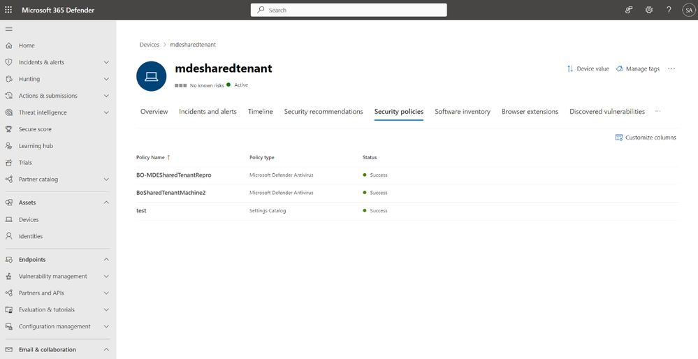 Figure 2: Device page in Microsoft 365 Defender showing all the security policies configured to the selected device.