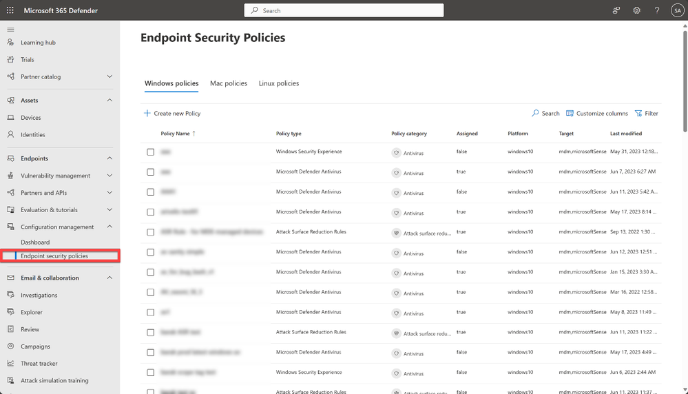 Figure 1: Endpoint security policies page in Microsoft 365 Defender showing an inventory of all security policies created and targeted across Windows, macOS, and Linux devices.