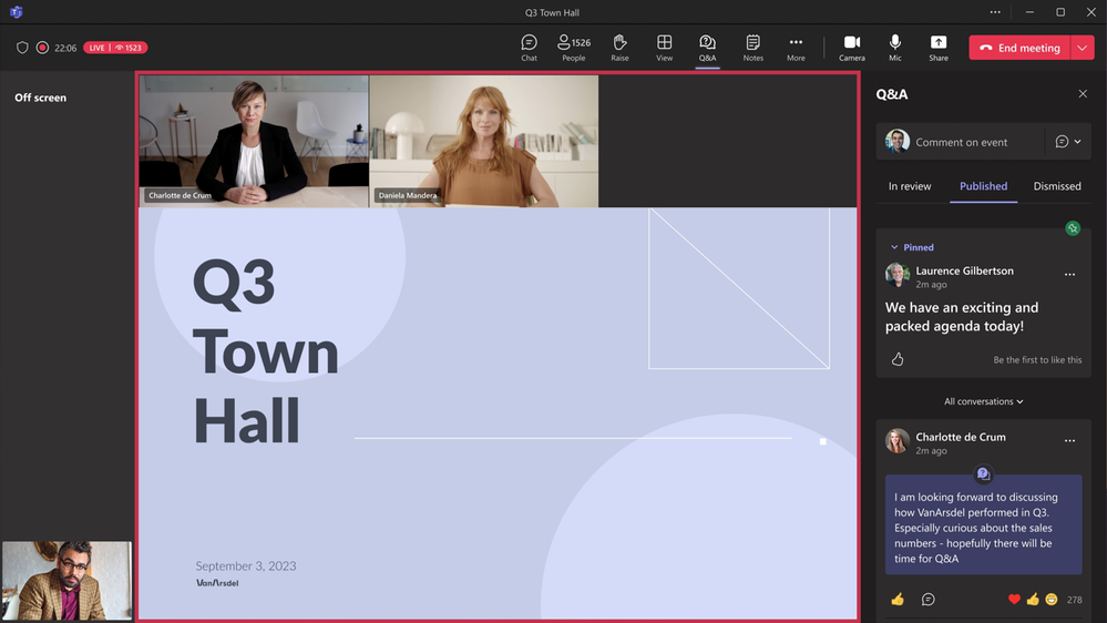 An organizer’s view of the new Town hall experience with manage what attendees see enabled and the Q&A pane open