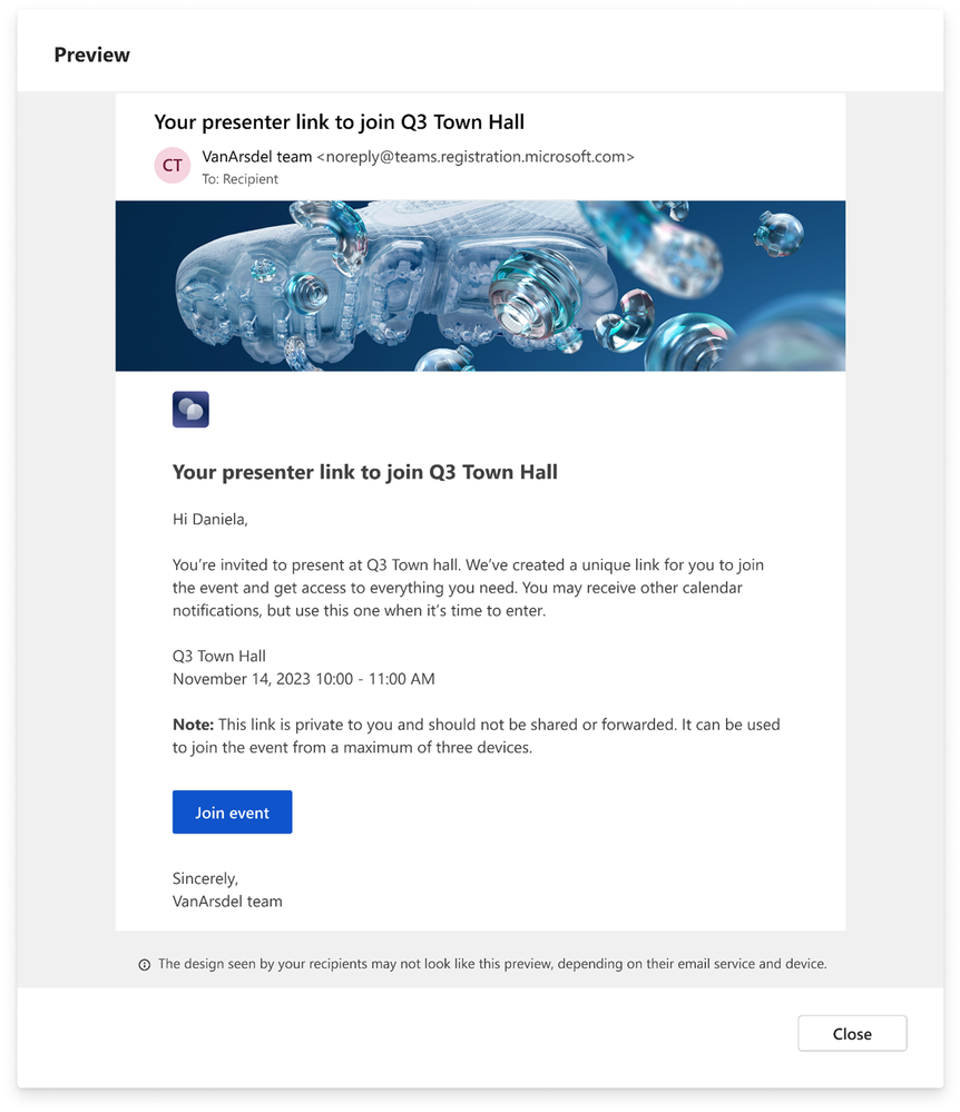 An automated email sent to an external presenter of a town hall, with the external presenter’s unique join link