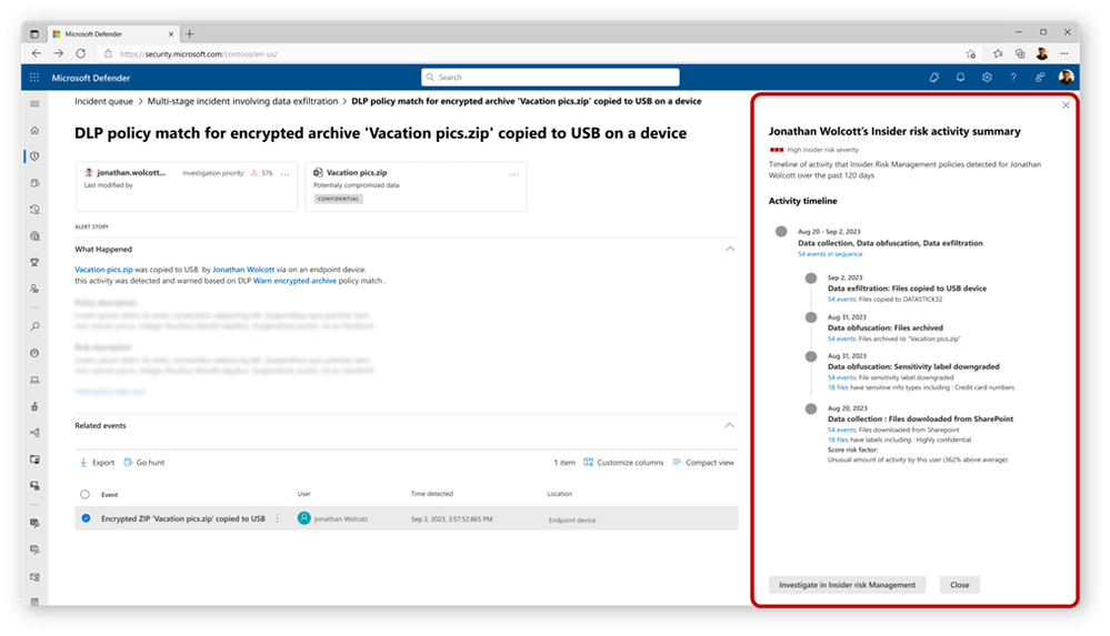 Figure 4: Insider risk activities are summarized in a DLP incident in the Microsoft Defender portal