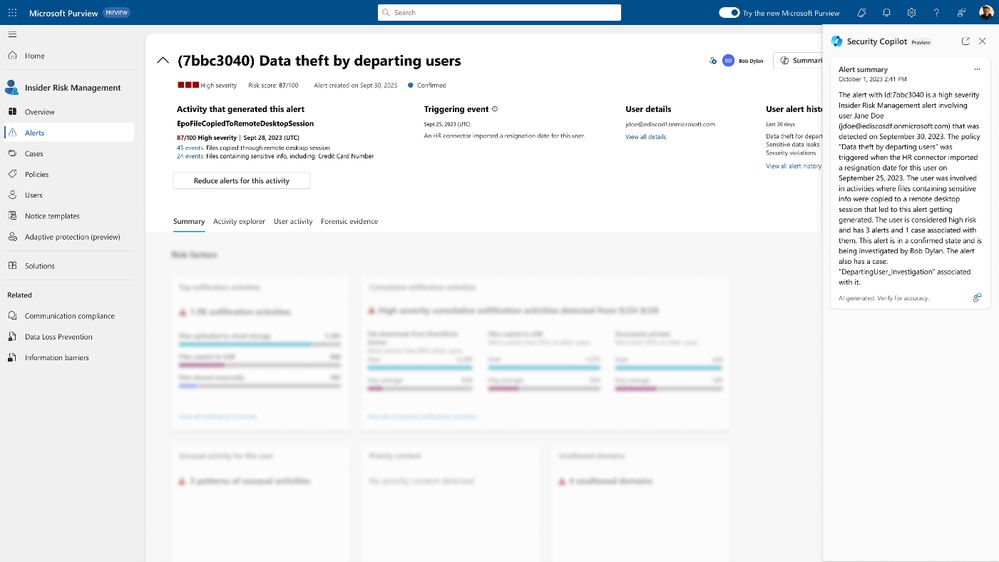 Figure 3: Security Copilot provides an incident summary in an alert generated by Insider Risk Management