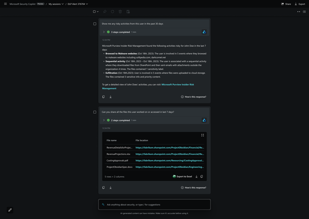 Figure 2: Admins with appropriate permissions can gain insights on user context as they investigate incidents in Security Copilot