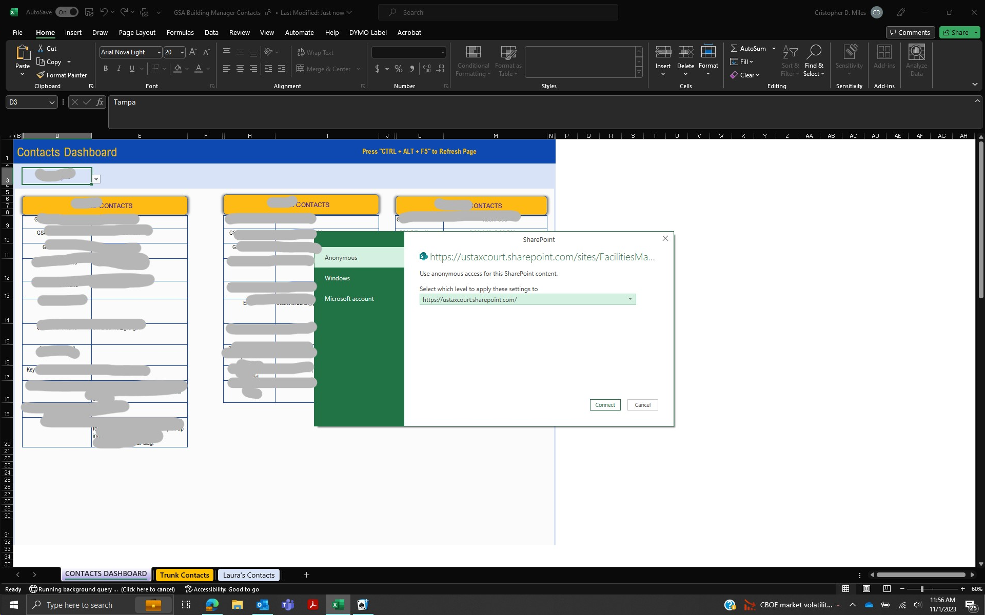 Error in Excel 365 - Credentials are required to connect to the ...