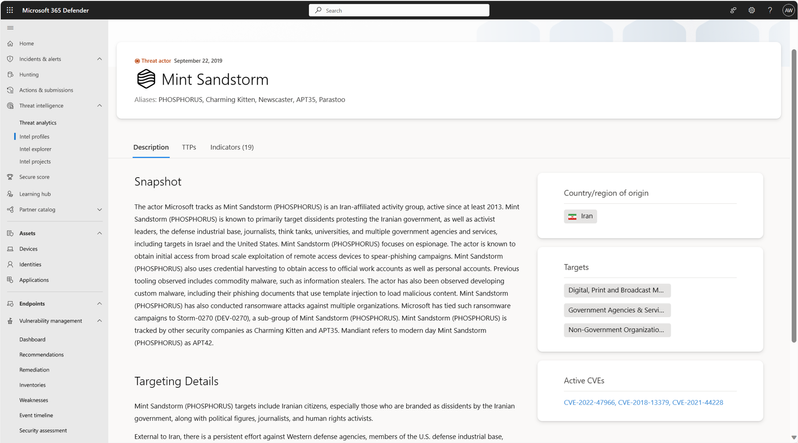 Visit the “Intel Profiles” page to learn detailed information on over a dozen threat actors, including their TTPs.