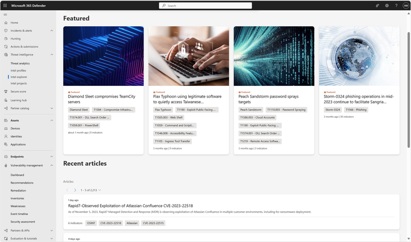 The intel explorer tab contains a stream of open-source intelligence articles (“Recent articles”) as well as Microsoft-curated threat research (“Featured”) to keep your team informed.