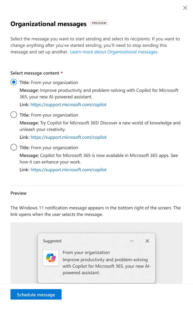 An image of the Copilot for Microsoft 365 Usage report organizational message configuration pane