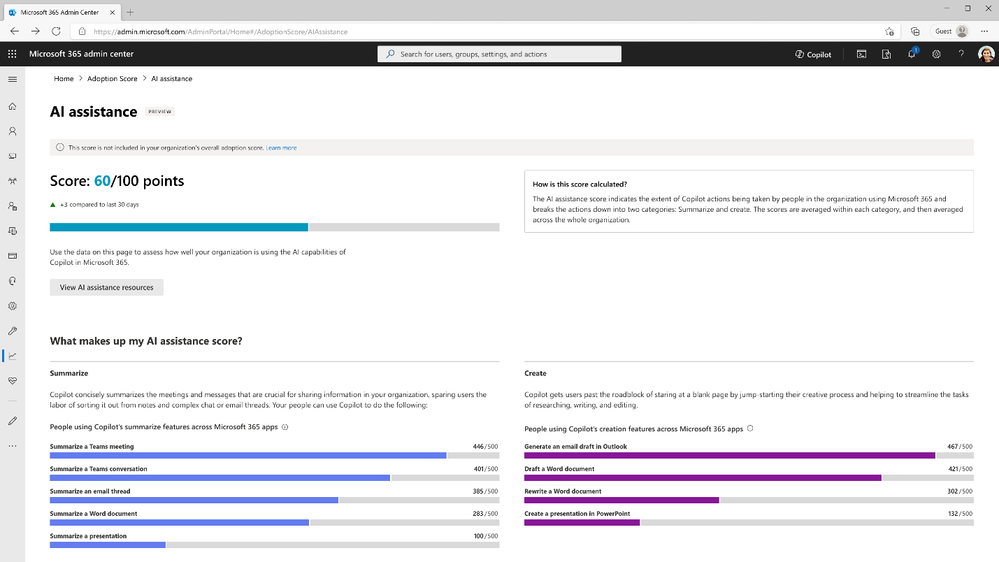 An image of the Microsoft 365 admin center Adoption Score AI assistance category