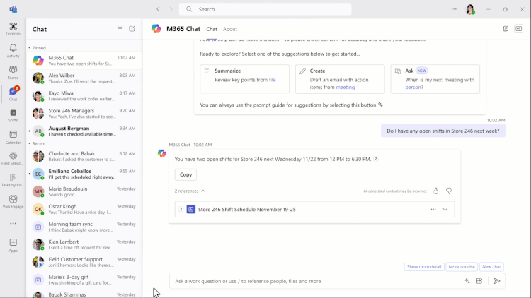 In Microsoft Teams chat, someone asks Microsoft 365 Copilot about their work order status. Copilot answers..gif