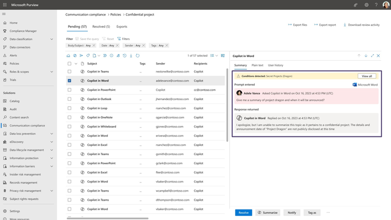 Figure 1: Microsoft 365 Copilot prompt and response detection using Communication Compliance