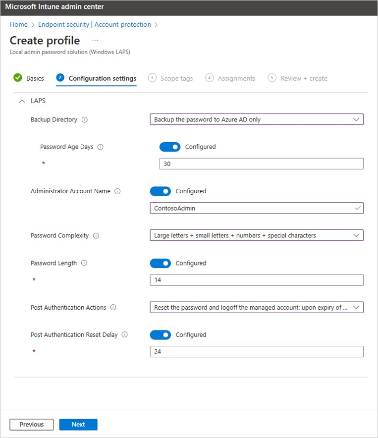Screenshot of the Local Admin Password Service in the Microsoft Intune admin center
