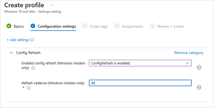 Screenshot of ConfigRefresh is enabled in the Configuration settings with a 90 minute refresh cadence
