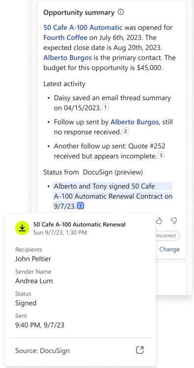 Opportunity summary in Sales Copilot showing DocuSign activity updates.png