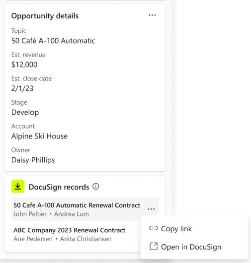 Opportunity details in Sales Copilot showing related DocuSign agreements.png