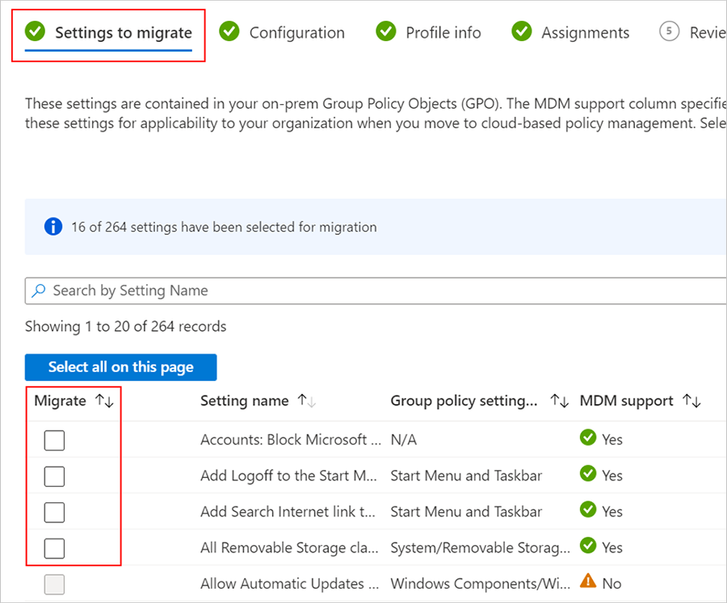Screenshot of the option to migrate settings under the Setting to migrate menu