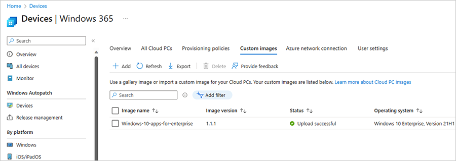 Screenshot of the custom image menu within Windows 365