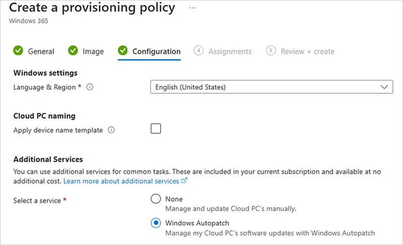 Screenshot of the Configuration stage in creating a provisioning policy. The additional service for Windows Autopatch is selected here