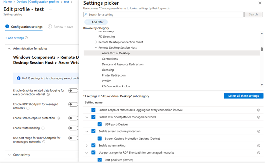 Screenshot of the Setting picker menu within the Edit profile test menu