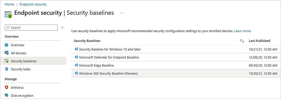 Screenshot of Windows 365 Security Baseline Preview highlighted under the Endpoint security menu