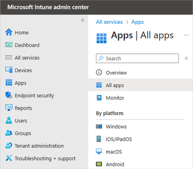 Screenshot of the All apps page in the Microsoft Intune admin center