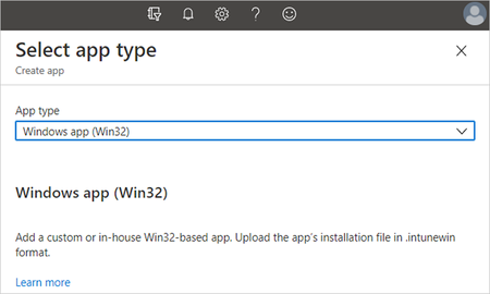 Screenshot of selecting an App type with Windows app_Win32_ seleceted