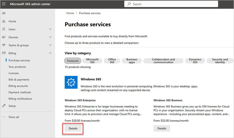 Screenshot of the details button highlighted by a red box at the bottom of the Purchase service page