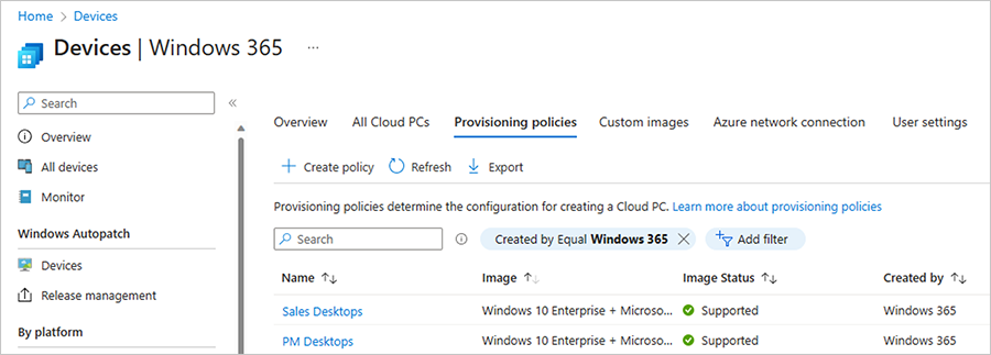 Screenshot of where the pluc create policy is in the Provision policies menu