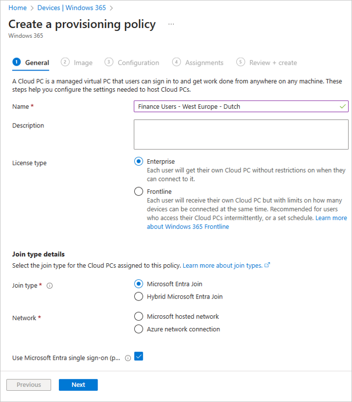 Screenshot of a name entered for the provisioning policy