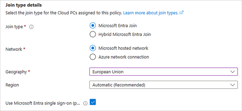 Single Sign on is enabled and the Geography is set to European Union with the Region set to Automatic