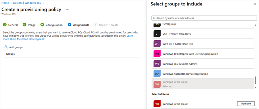 Select groups to include in creating a provisioning policy