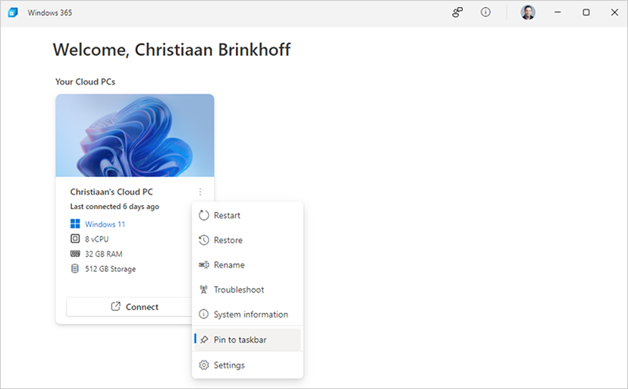 Screenshot of Windows 365 Cloud PC menu and the option to Pin to taskbar is highlighted