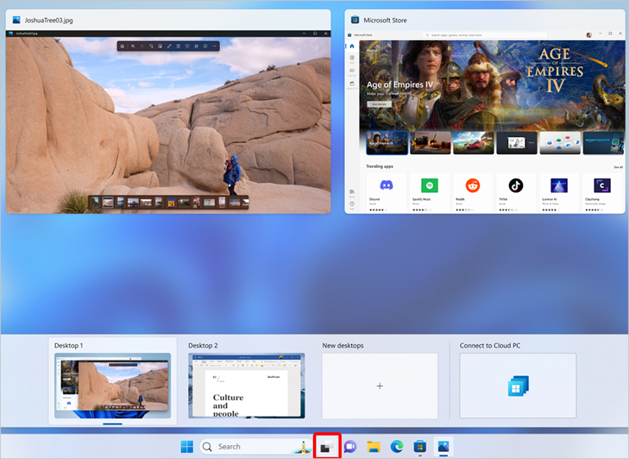 red box highlighting the Windows 365 Switch icon in taskbar