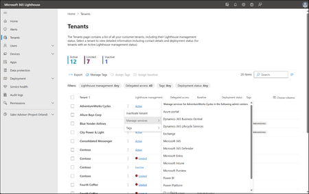 A screenshot showing the Microsoft 365 Lighthouse tenant page and the selection of Microsoft admin portals that can be accessed for each customer tenant.