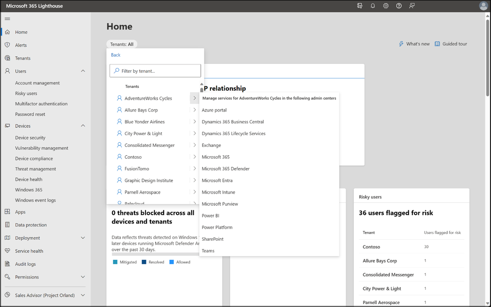 A screenshot showing the selection of Microsoft admin portals that can be accessed for each customer tenant from the home page.