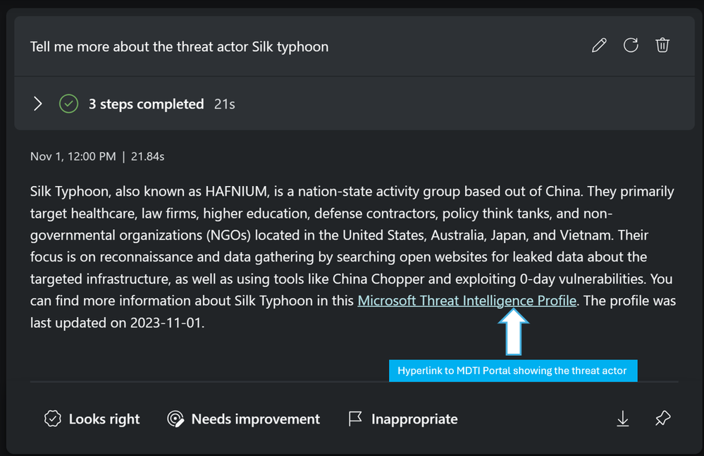 Prompts leveraging MDTI in Security Copilot