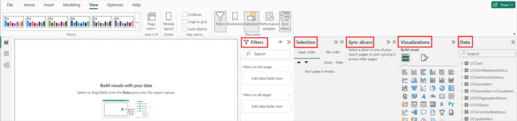 Screenshot of customization options in the Power BI template, including filters, selection, sync filters, visualizations, and data.