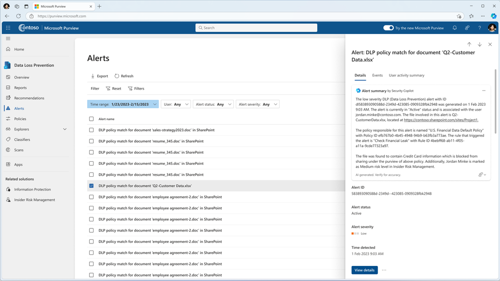 Figure 2: Security Copilot summarization capabilities in Microsoft Purview Data Loss Prevention
