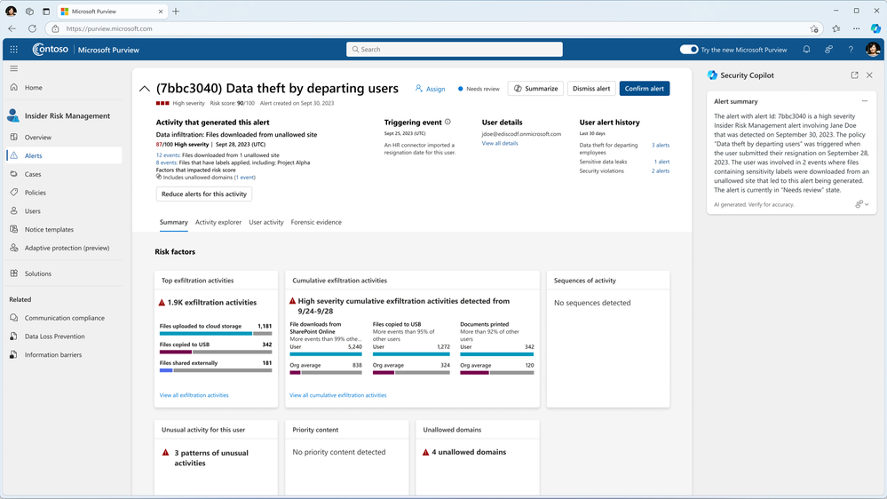 Figure 3: Security Copilot summarization capabilities in Microsoft Purview Insider Risk Management