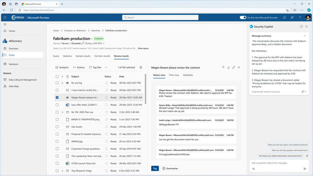 Figure 5: Security Copilot contextual summary capabilities in Microsoft Purview eDiscovery Premium
