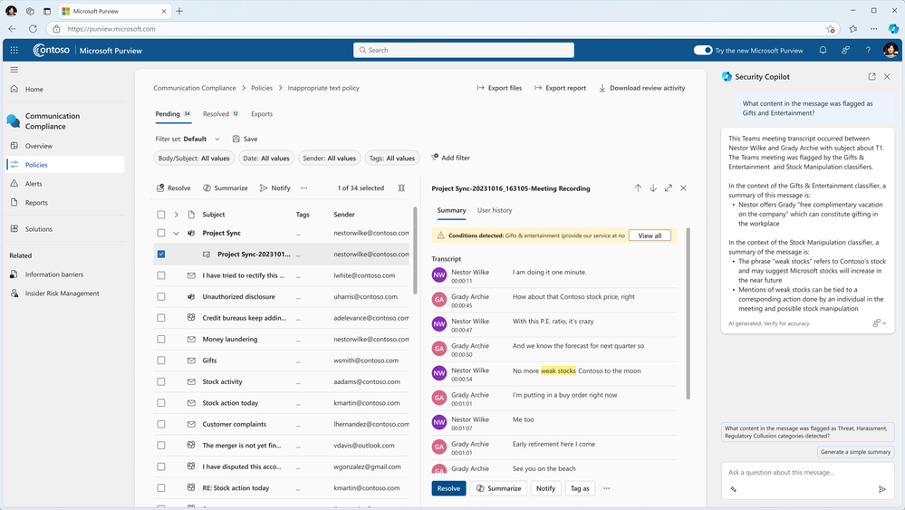 Figure 4: Security Copilot contextual summary capabilities in Microsoft Purview Communication Compliance