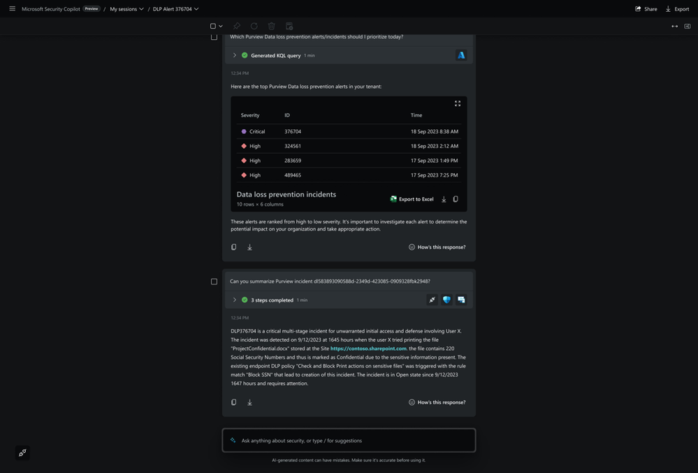 Figure 1: Security Copilot summarizing a DLP incident.