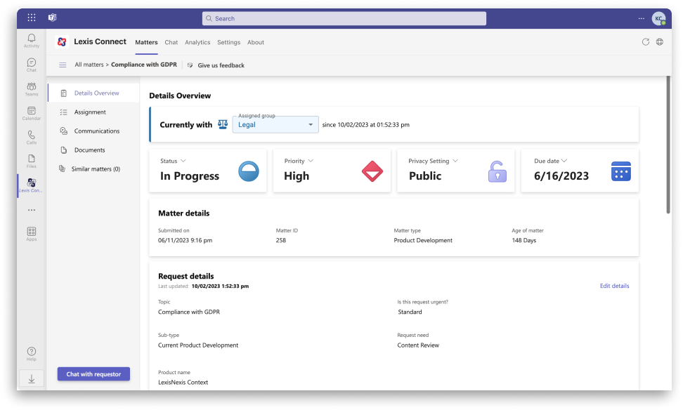 A screenshot of the LexisNexis app for Teams, Lexis Connect, shows details about a legal matter.png