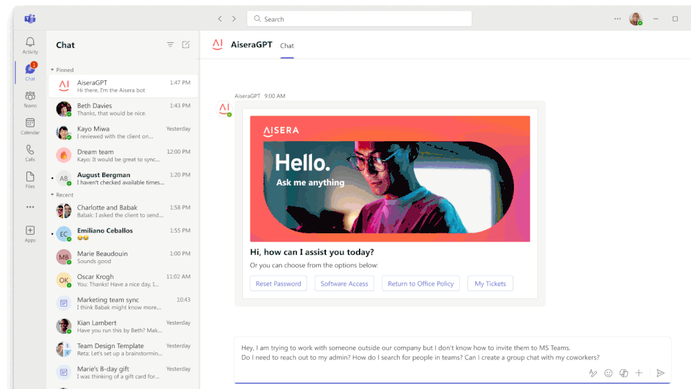 An animated GIF shows AiseraGPT answering user requests about inviting people to Teams and retrieving info about company healthcare coverage.gif