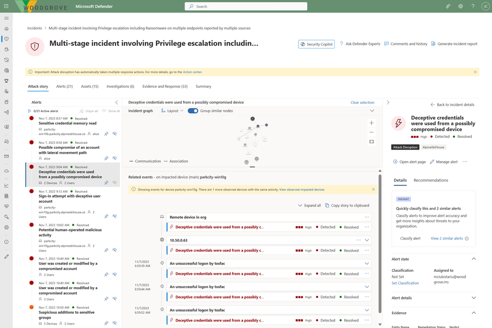 Image 1: Deception alert within the incident investigation experience in the Defender portal.