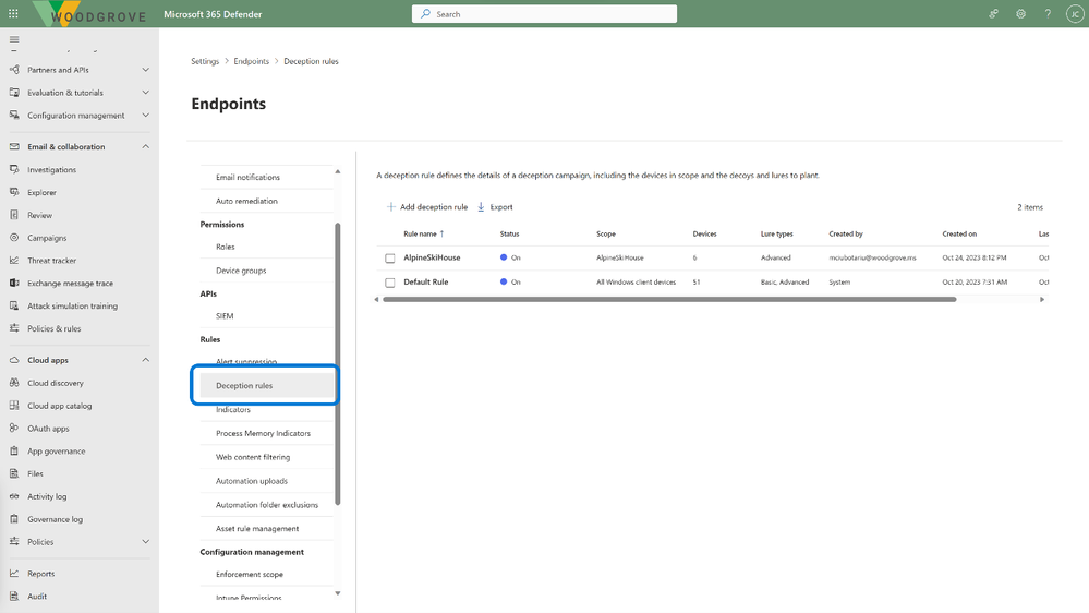 Image 2: Deception rule creation in the Defender portal.