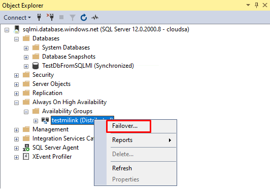 The failover wizard for an existing Managed Instance link can now be started via the link’s context menu in “Always On High Availability” object in SSMS