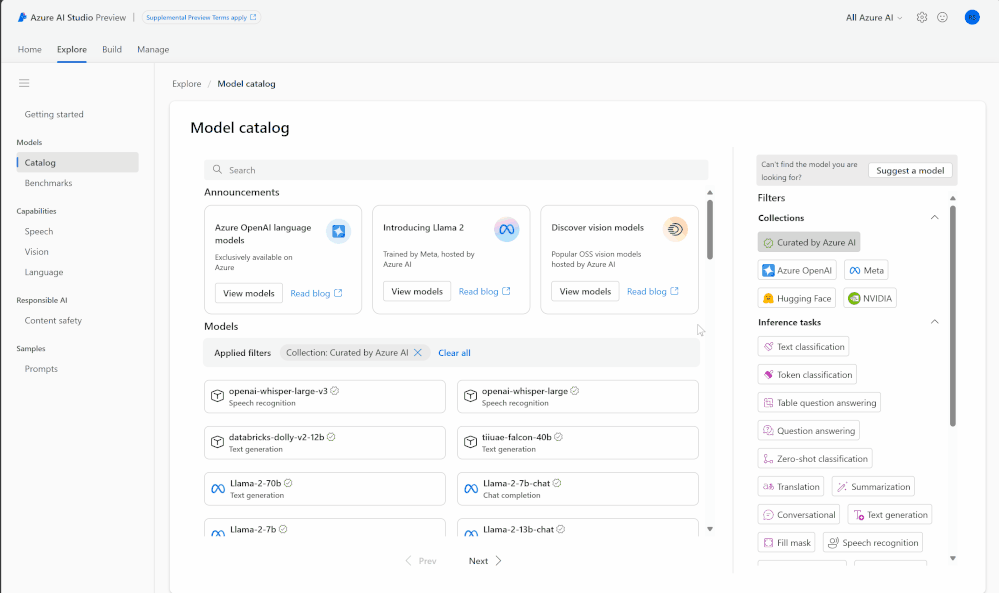 Azure AI studio model catalog