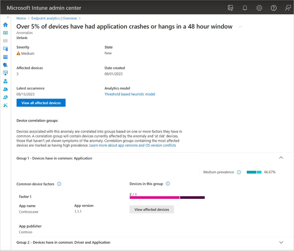 Screenshot of anomaly detection insights in the Intune admin center with identified device cohorts.