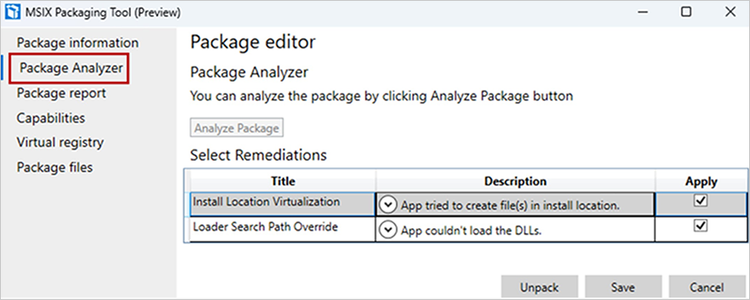 Screenshot of the Package Analyzer tab with two packages selected.