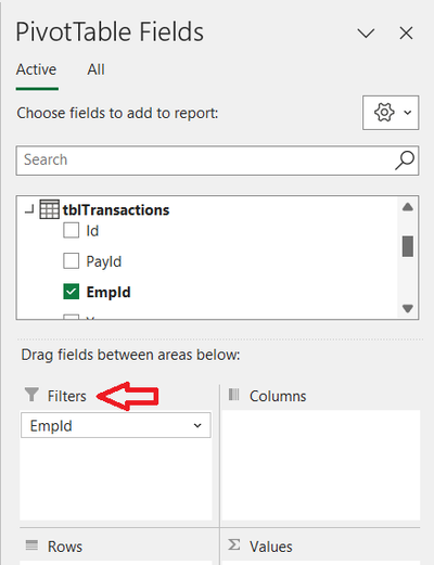 Pivot Table Filters Area